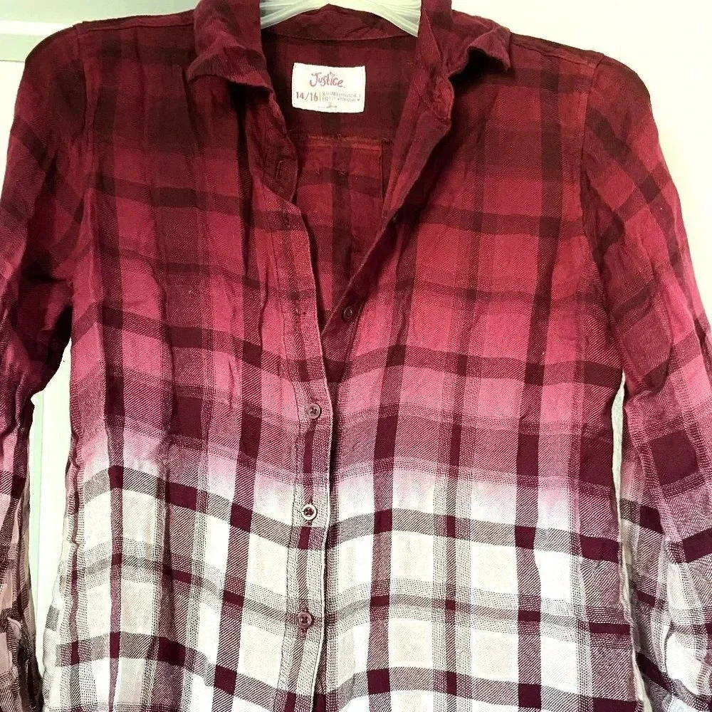 NWOT Justice Girls Maroon Pink & White Checked Full Sleeved Shirt Size 14-16